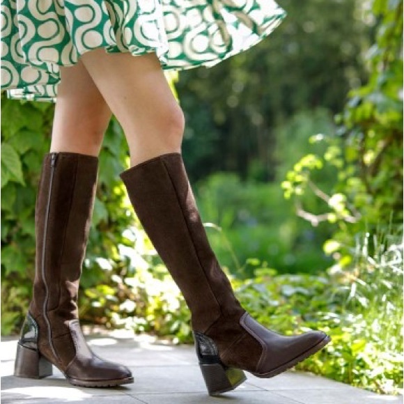 Parblue Brown Suede Leather Heeled Knee High Boots